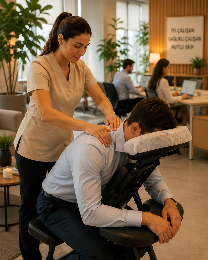 Ofiste çalışanlara masaj — kurumsal ofis masajı, chair massage, kurumsal wellbeing
